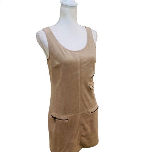 Guess micro suede biege tan sleeveless mini dress lined zippered pockets sz 4 - Picture 3 of 13